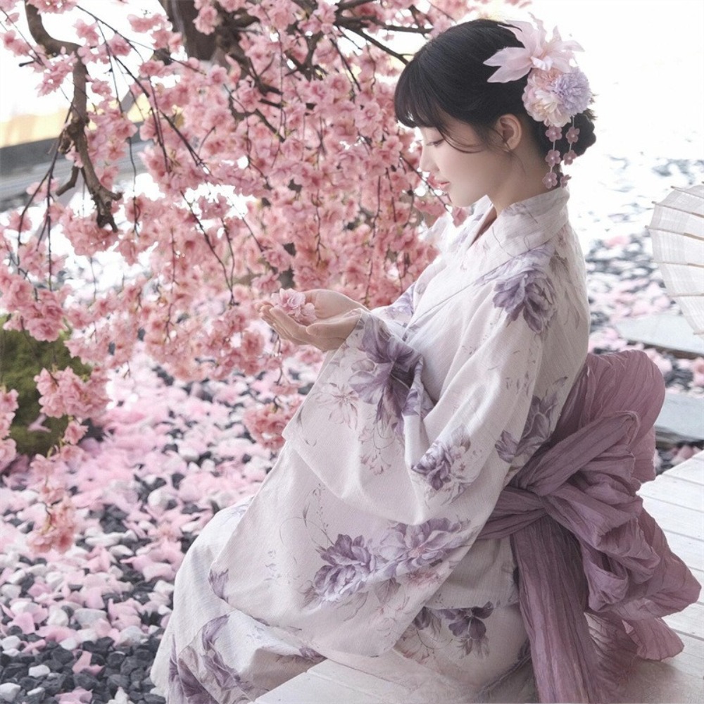 Kimono Yukata imprimé fleurs de cerisier, robe japonaise traditionnelle améliorée pour femmes, costume de cosplay pour séance photo et Halloween