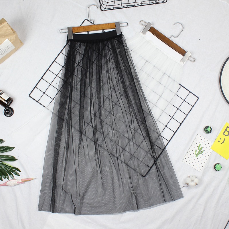 Jupe longue en maille transparente pour femme, style coréen, mode d'été, transparent, noir, blanc, ligne A, tulle, maxi y2k, 2023