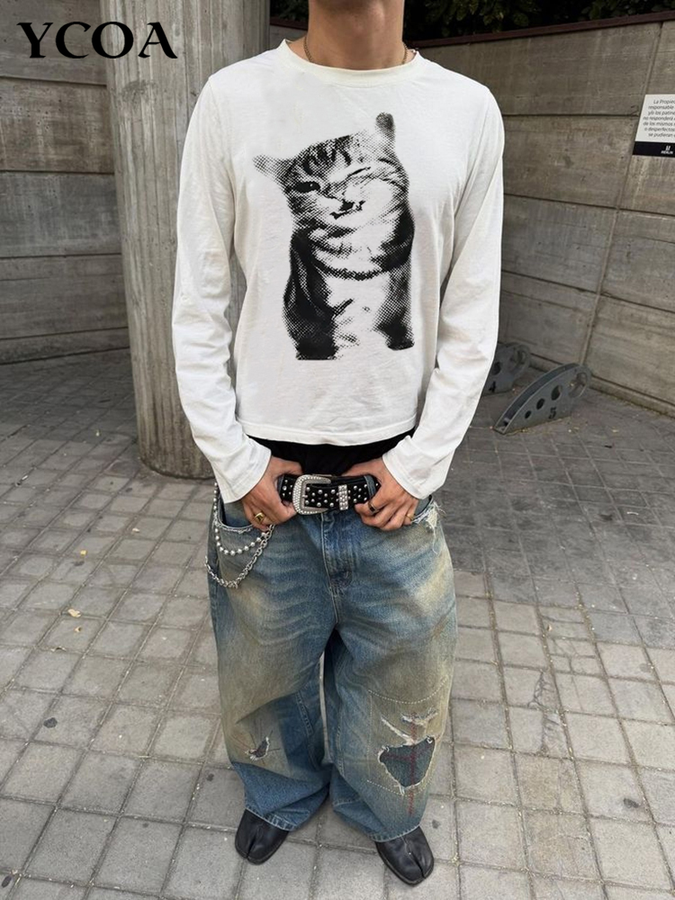 T-shirt à manches longues pour hommes, en coton, avec motif graphique, surdimensionné, esthétique vintage, mode coréenne, hauts, t-shirts, streetwear Y2k, vêtements unisexes