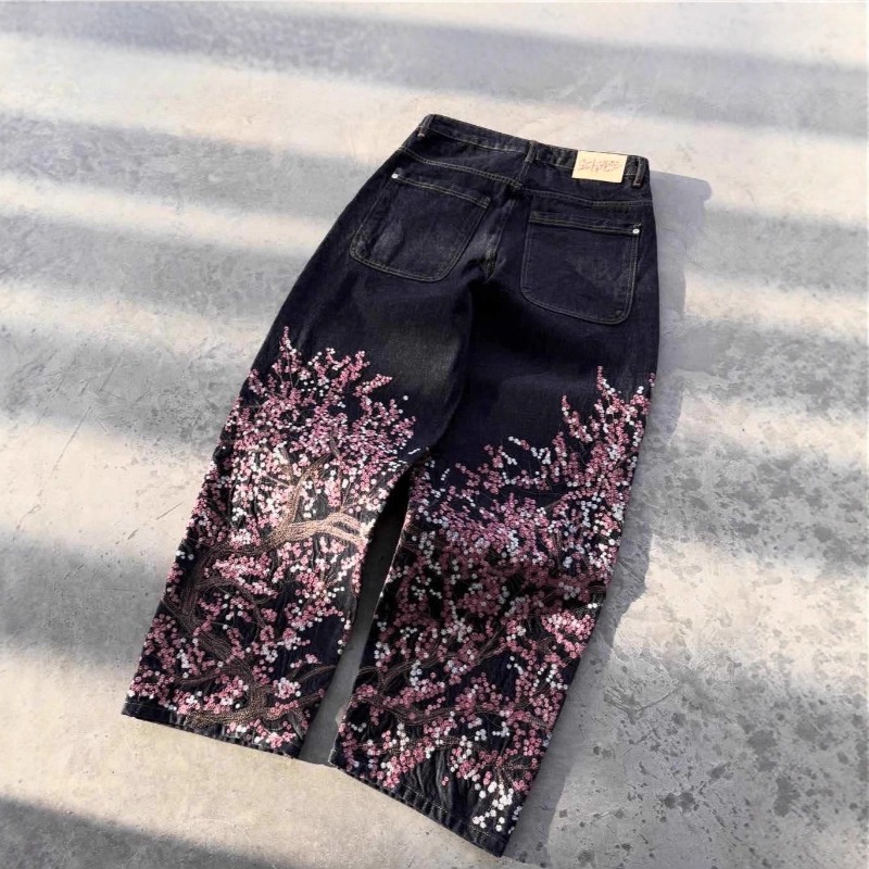 Jeans unisexe Harajuku, streetwear européen et américain, pantalon en denim brodé, coupe ample vintage à motif floral, jambe large droite, décontracté, nouveauté