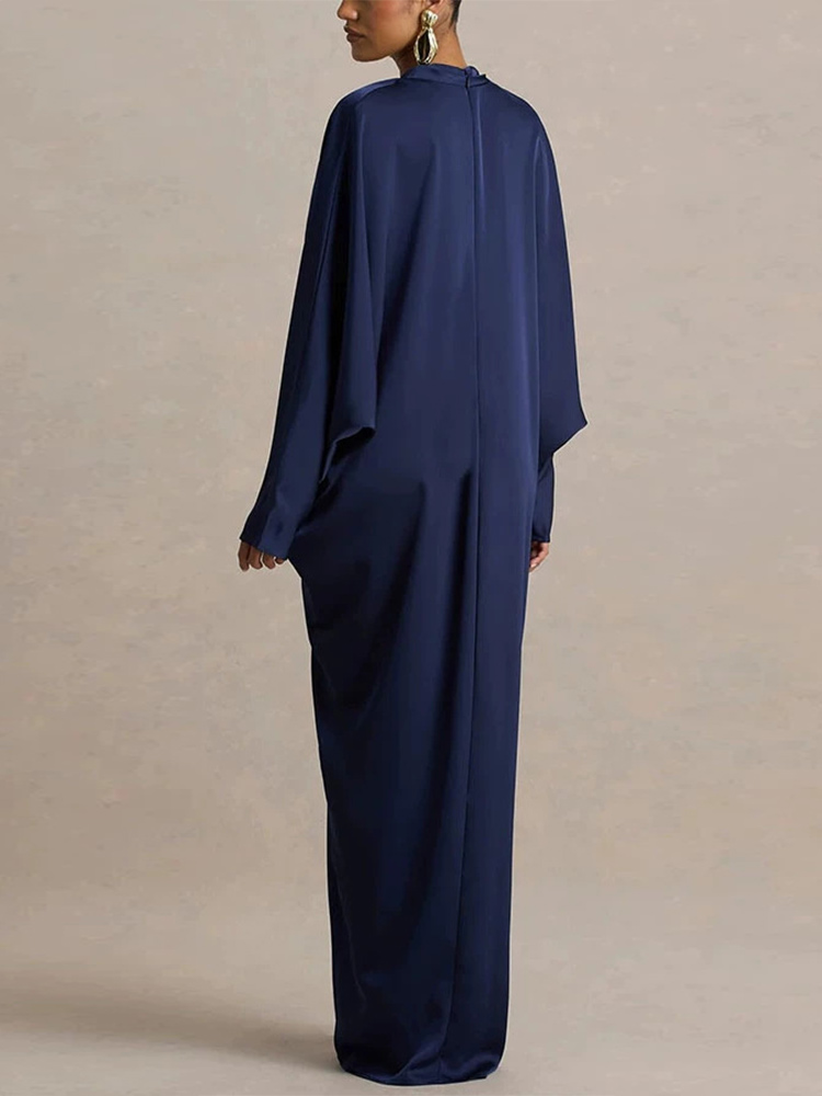 Robe longue chic en satin pour femme, col en V, manches chauve-souris longues, boucle dorée, collection été 2026, robes de soirée pour femme
