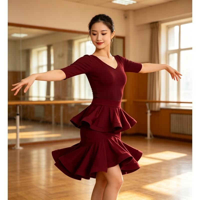 Costume de danse latine élégant pour femmes, robe de bal, ensemble jupe à volants, tenue de danse professionnelle pour la pratique et les compétitions, haut et jupe