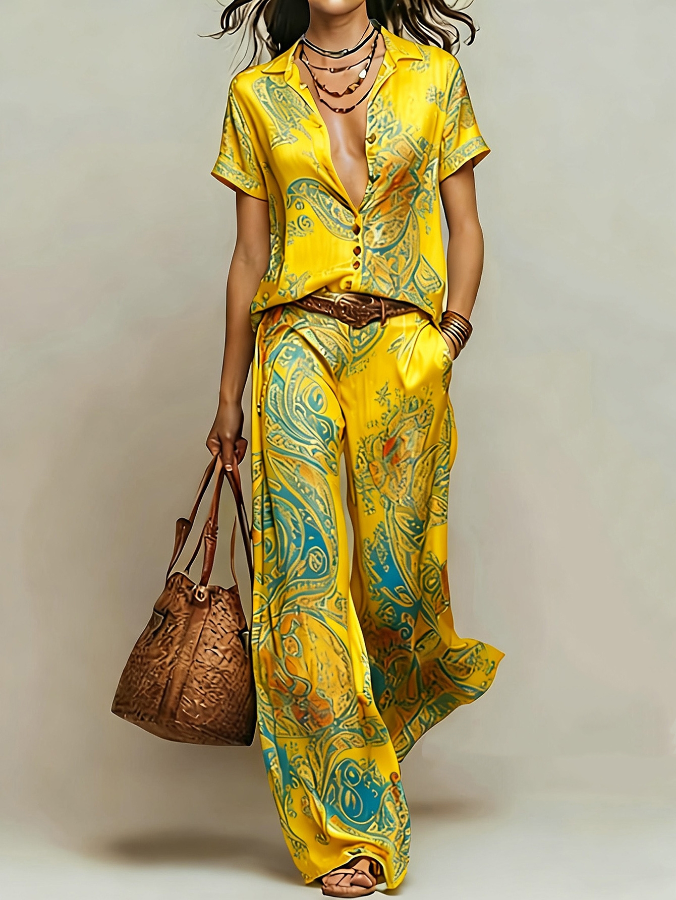 Ensemble deux pièces bohème pour femme, imprimé cachemire, haut à manches courtes col en V, pantalon large, tenue décontractée pour les vacances