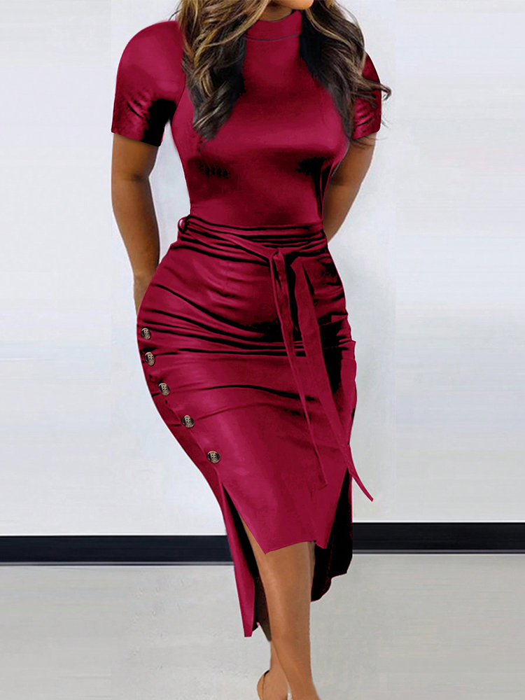Robe d'été classique moulante à lacets, couleur unie, boutons enveloppants, mi-longue, robes courtes élégantes pour femmes, vêtements pour femmes, 2025