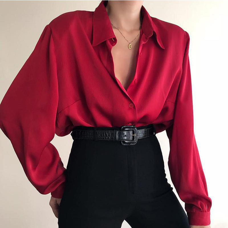 Chemises boutonnées à col rabattu pour femmes, chemisiers décontractés à manches longues pour femmes de bureau, chemise baggy pour avocat, rouge vin et noir