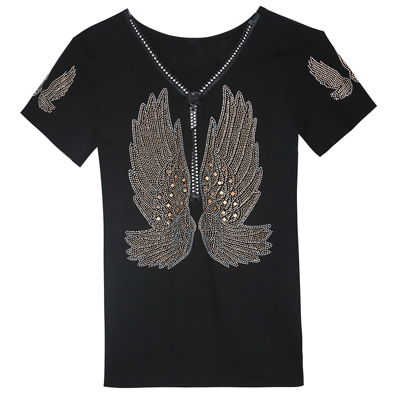 Mode femmes T-shirt pour l'été à manches courtes pulls vêtements décontracté esthétique couverture en coton Sexy col en V fermeture éclair diamants t-shirts