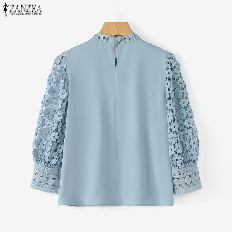 ZANZEA Blouse élégante en dentelle pour femme, manches 3/4 bouffantes, couleur unie, tunique décontractée transparente à col rond pour l'été 2026, chemise de bureau pour femme