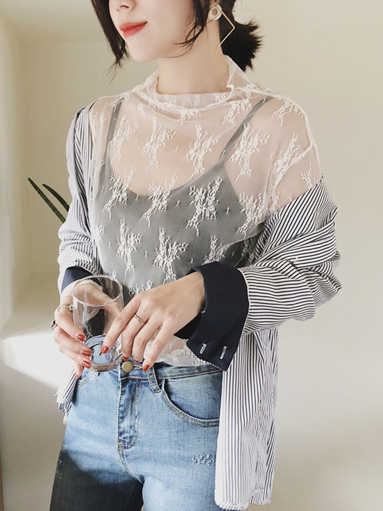 Été femmes dentelle broderie florale Blouses chemise dames hauts Sexy maille Blouses Transparent élégant Transparent chemise noire