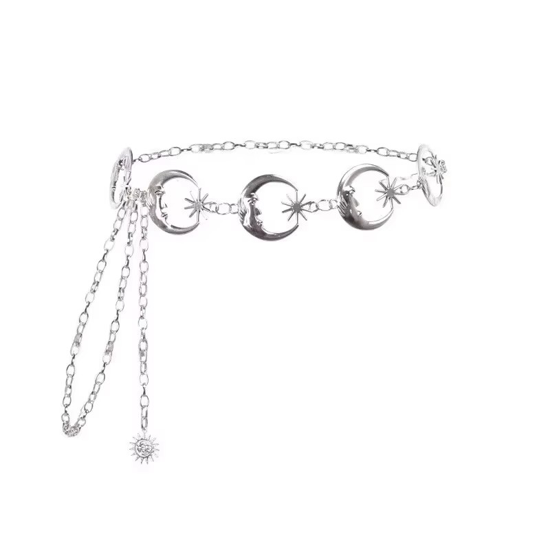Ceinture de mode pour femme, chaîne fine en métal doré et argenté, style gothique, avec pendentif lune argenté, vintage, pour taille haute