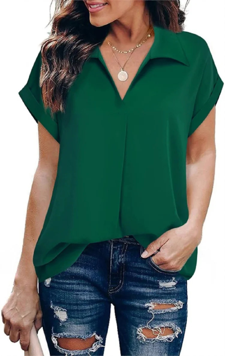 Chemisier à manches chauve-souris pour femmes, chemises décontractées, col rabattu, couleur unie, style été