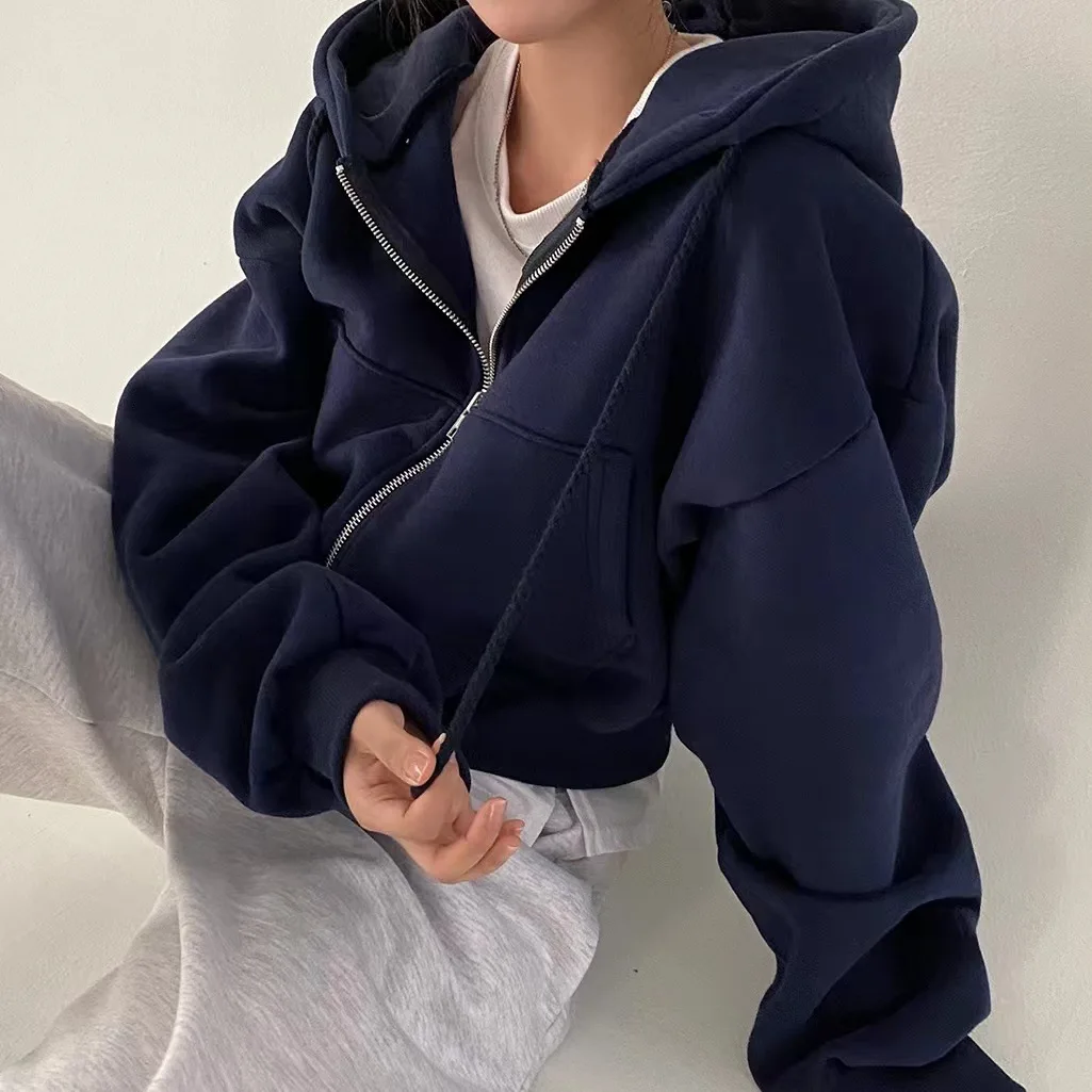 Sweat-shirt à Capuche Décontracté pour Femme, Y2K, Fermeture Éclair, Couleur Unie, Harajuku, Chemise à Manches sulf, Veste, Manteau