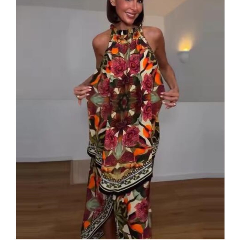 Ensemble de jupes pour femmes, imprimé floral d'été, haut sans manches à col halter, jupe à ourlet irrégulier avec fermeture éclair latérale, ensemble décontracté tendance en 2 pièces