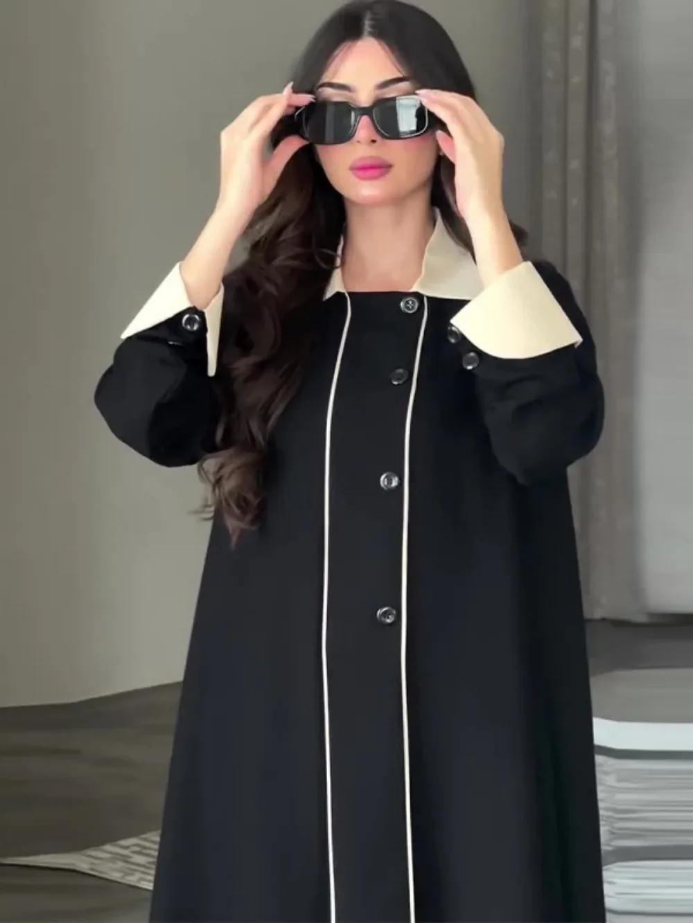 Abaya musulman femmes Eid Trench manteau marocain coupe-vent revers simple boutonnage saoudien arabe vêtements d'extérieur Ramadan Long pardessus Caftan