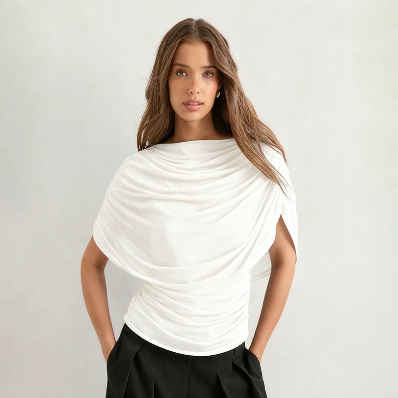 Haut à col écharpe, haut plissé en maille à manches courtes, couleur unie, coupe ajustée