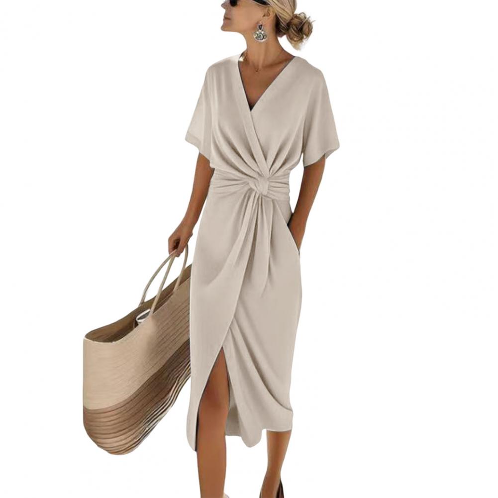 Robes pour femmes à manches courtes, col en V, robe formelle décontractée, coupe ample, couleur unie, robe de soirée pour les vacances, cocktail