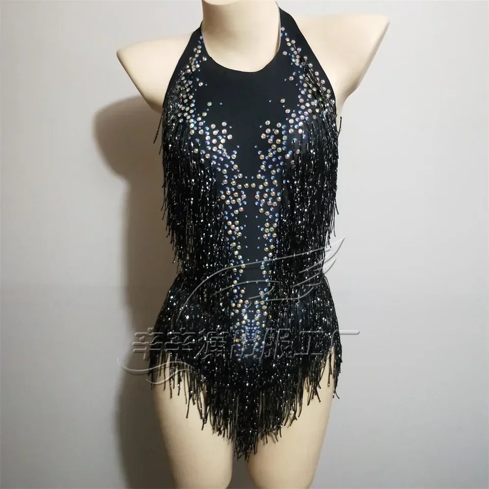 Costume de danse de fête en boîte de nuit pour femmes, vêtements de scène, justaucorps à franges sexy, vêtements de Performance, strass scintillants, body à franges