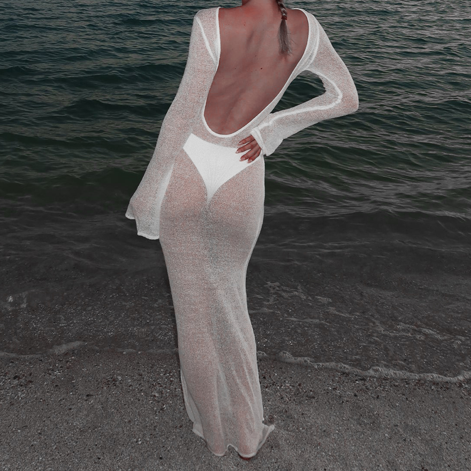 Femmes Vintage été plage couvrir solide transparent à manches longues maillot de bain couverture maillot de bain couverture Ups moulante longues robes