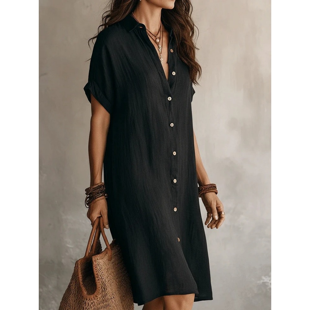 Robe chemise décontractée pour femme, manches courtes, boutonnée, mi-longue, couleur unie, élégante, coupe trapèze, plissée, pour le travail ou les loisirs