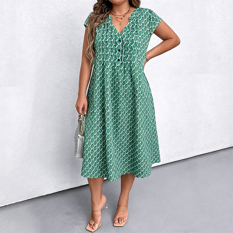 Robe mi-longue à col en v pour femmes, grande taille, manches courtes, imprimé boutonné, robe décontractée d'été avec poches pour les vacances