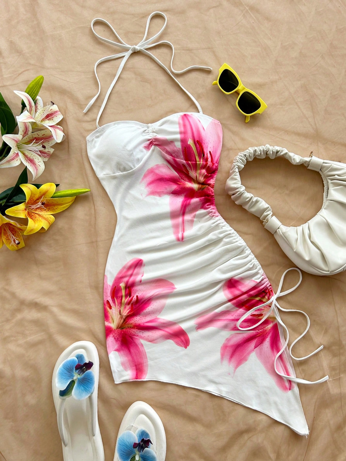 Robe à imprimé Floral pour femmes, vacances à la plage, ourlet asymétrique, col licou, nœud moulant, style Boho, robes courtes, Streetwear, 2025