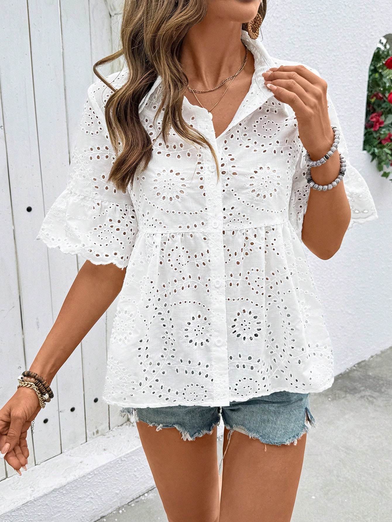Chemisier Femme Broderie Broderie anglaise Col Rabattu Manches Courtes à Volants Été Découpes Boutonné Peplum Décontracté