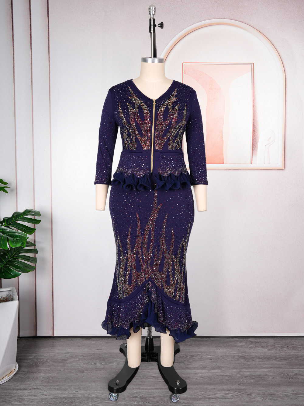 Vêtements africains grande taille pour femmes, robes de soirée de mariage de luxe Dashiki Diamond, ensemble 2 pièces, hauts et jupes.