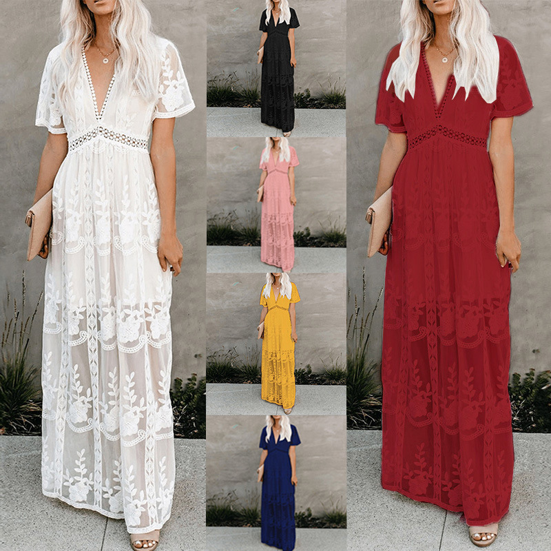 Robe longue en dentelle 2025, élégante, à taille décorée, manches courtes, col en V, couleur unie, nouvelle collection été, jupe tendance pour femmes.