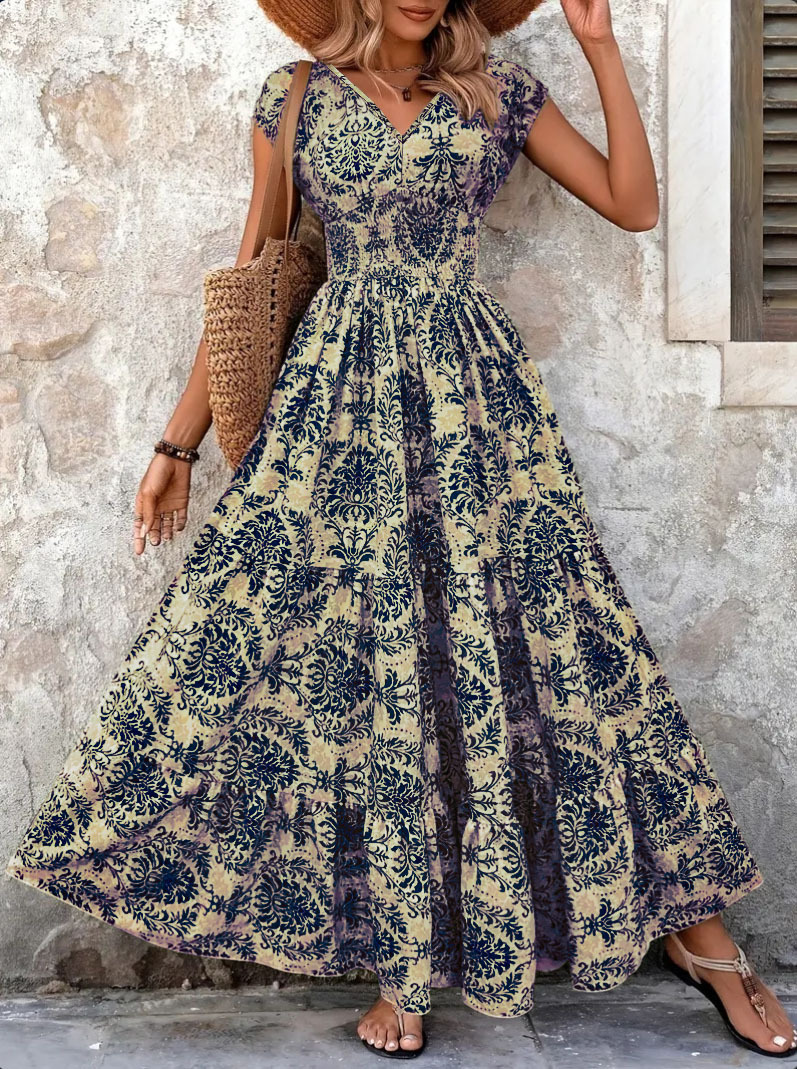 Robe Vintage à Imprimé Floral 2026, Élégante, Col en V, Manches Courtes, Longue, Mode Femme, Robe Rétro