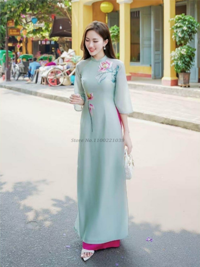 Robe traditionnelle vietnamienne aodai, ensemble robe nationale + pantalon, imprimé floral, qipao, robe de soirée orientale pour banquet, 2026