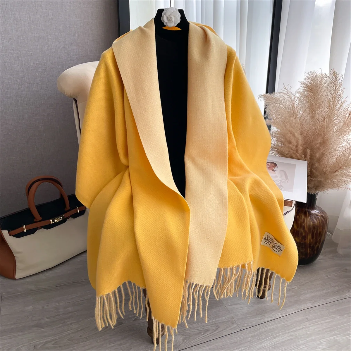 Écharpe en Cachemire pour Femme, Pashmina Chaud, Longue Couverture Optique, Châles à Pompons Doux, Enveloppes, Étoles, Solide, Hiver