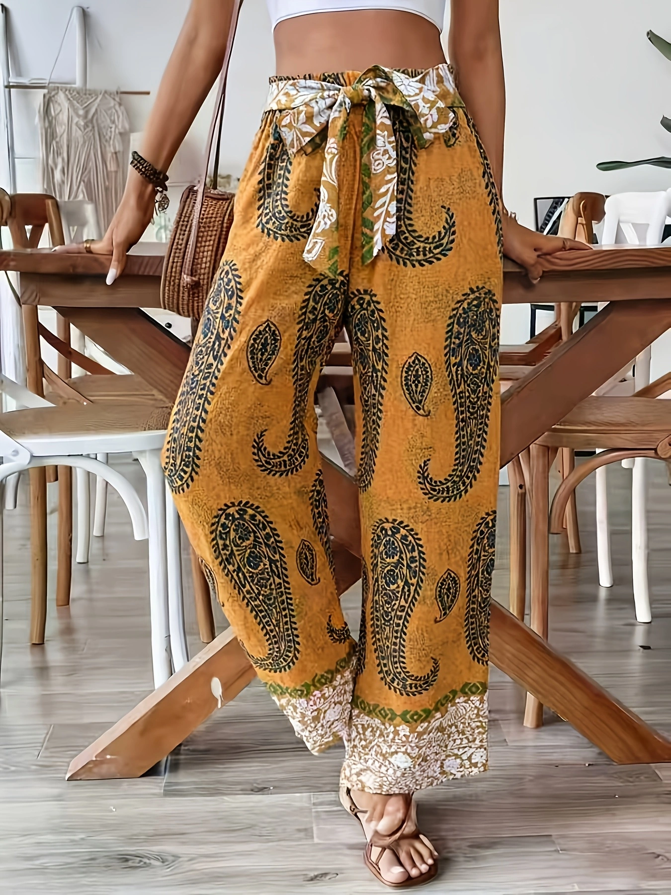 Pantalon large jaune moutarde à motif paisley, taille à nouer, style bohème, pantalon décontracté pour les vacances