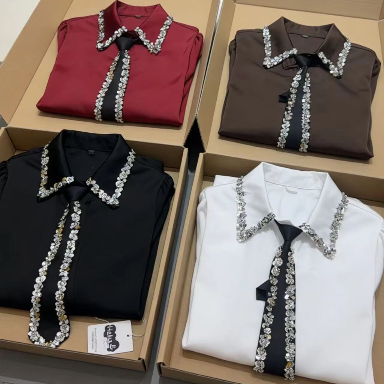 Chemisier blanc de luxe à sequins et cravate pour femme, nouvelle collection printemps-automne, chemisier en satin pour femme, hauts de bureau, vêtements de soirée pour femme