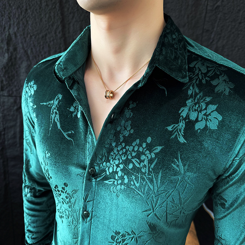 Chemise de luxe en velours et velours pour hommes, Slim, tenue décontractée, fête sociale, smoking, printemps, 2024