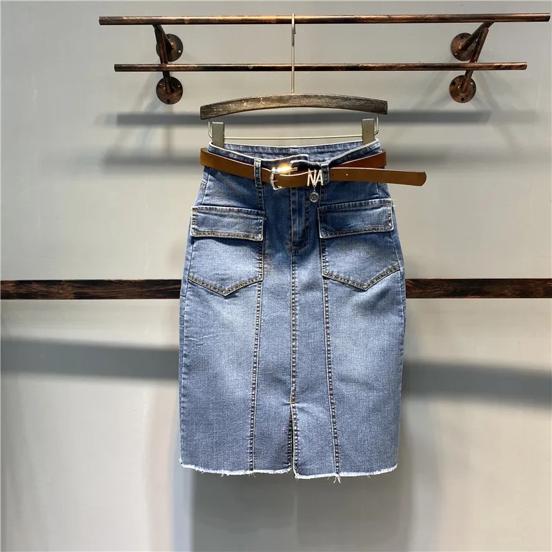 Jupe en jean taille haute élastique mi-longue moulante pour femme, nouvelle mode printemps-été 2026, avec fente et polyvalente