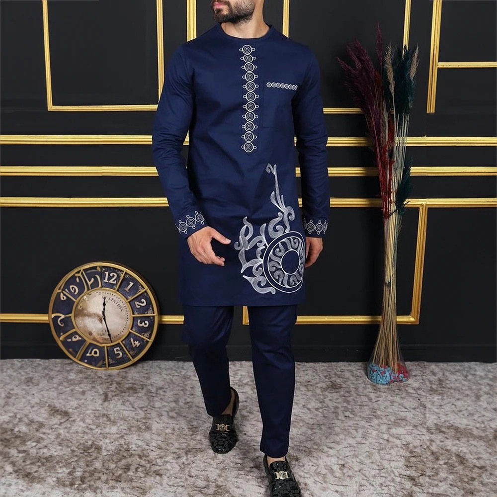 Kaftan de Mariage Rose avec Poches Trempées pour Homme, Pantalon en Y, Vêtements Ethniques Africains, Tenues Taditionnelles, Costumes à la Mode, Ensemble de 2 Pièces