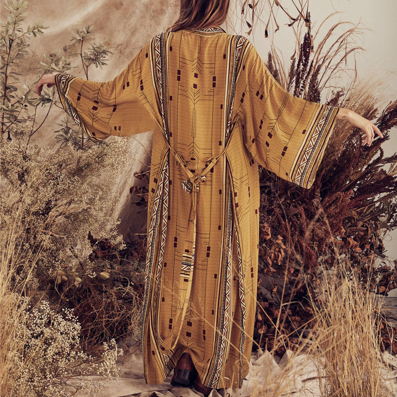 AYUALIN-Robe cardigan kimono à imprimé ethnique pour femme, tunique à manches longues, robe éducative vintage, couverture de plage Boho, chemisier en coton beige