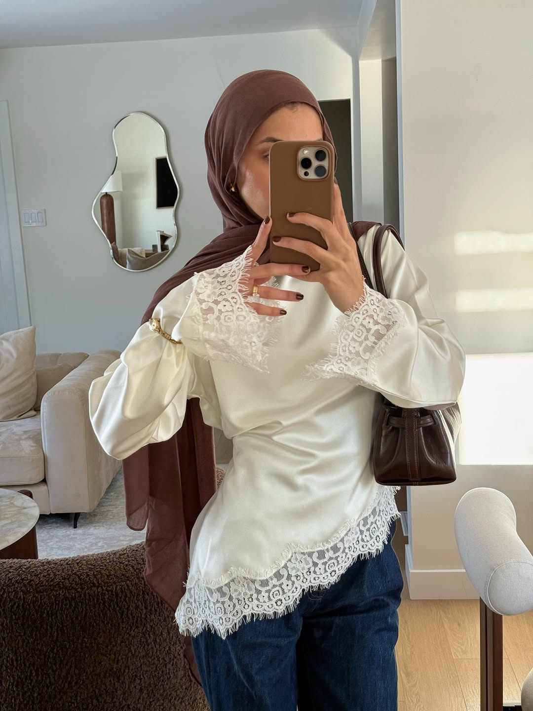 Haut élégant en satin et dentelle patchwork pour femme, col rond, manches longues amples, chemisier à bretelles, T-shirt chic po
