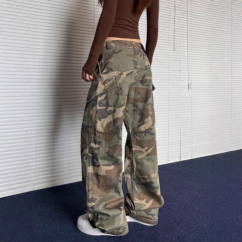 Pantalon Cargo Camouflage Rétro Unisexe, Coupe Ample Droite à Jambes Larges avec Poches Obliques, Style Urbain Décontracté, Idéal pour le Quotidien
