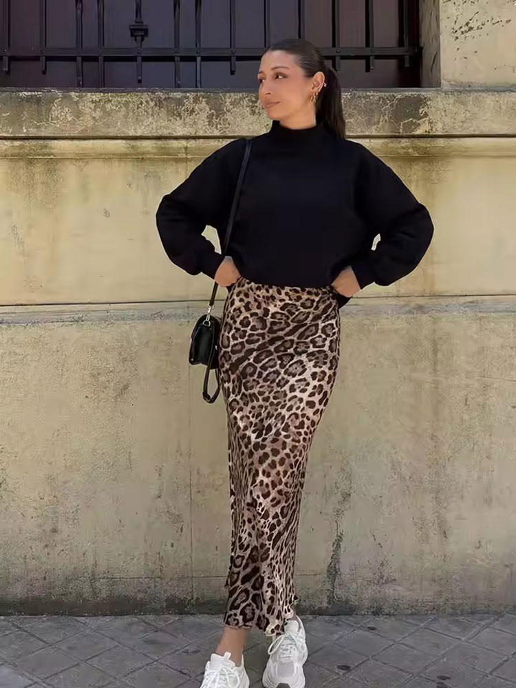 Jupe longue à imprimé léopard pour femmes HH, mode estivale, jupes imprimées en satin vintage, mode vintage, streetwear décontracté, jupes midi