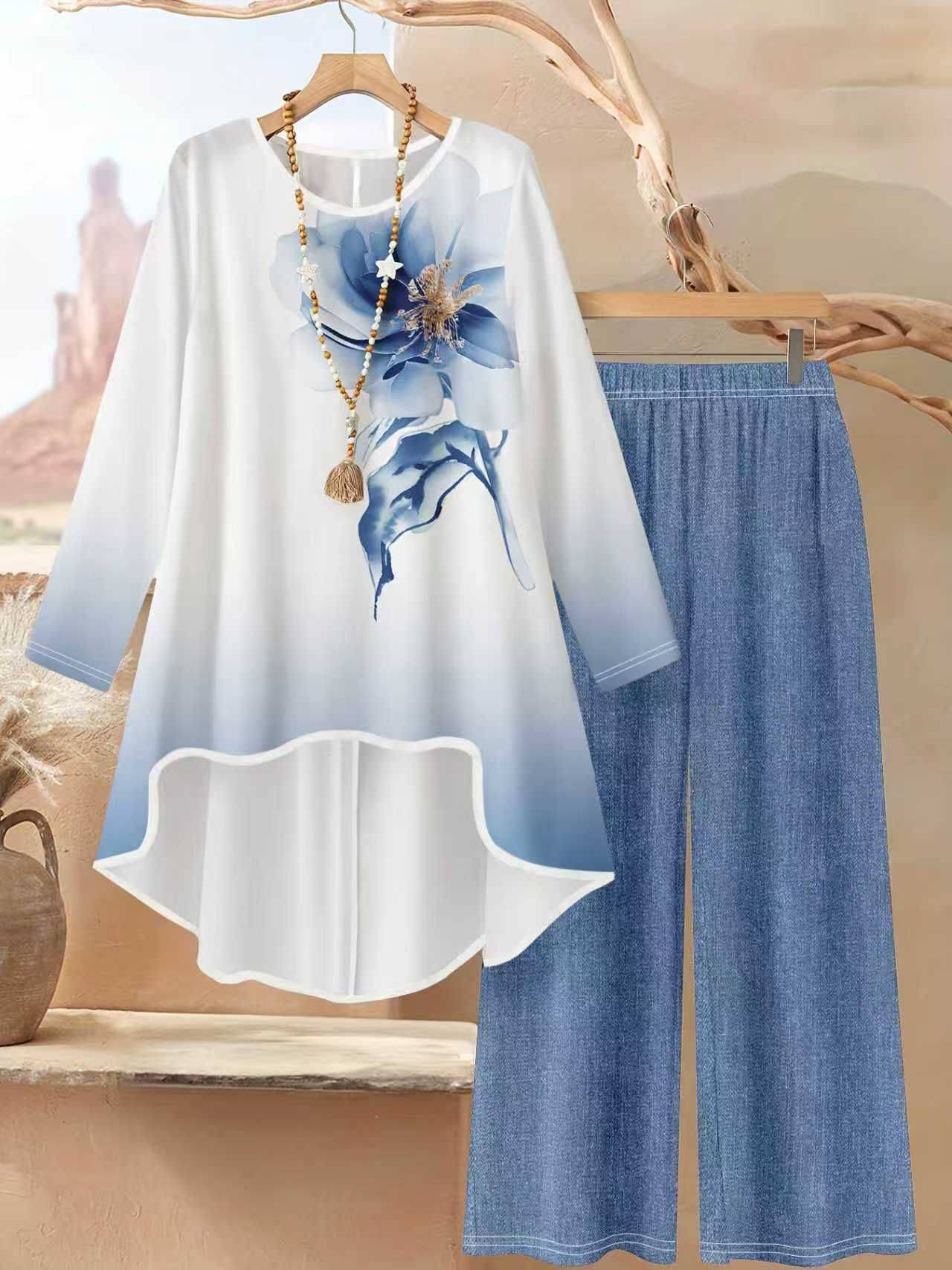 Ensemble 2 pièces pour femmes, haut ample à col rond et manches longues avec imprimé floral aquarelle et pantalon à jambes larges, adapté à un usage quotidien