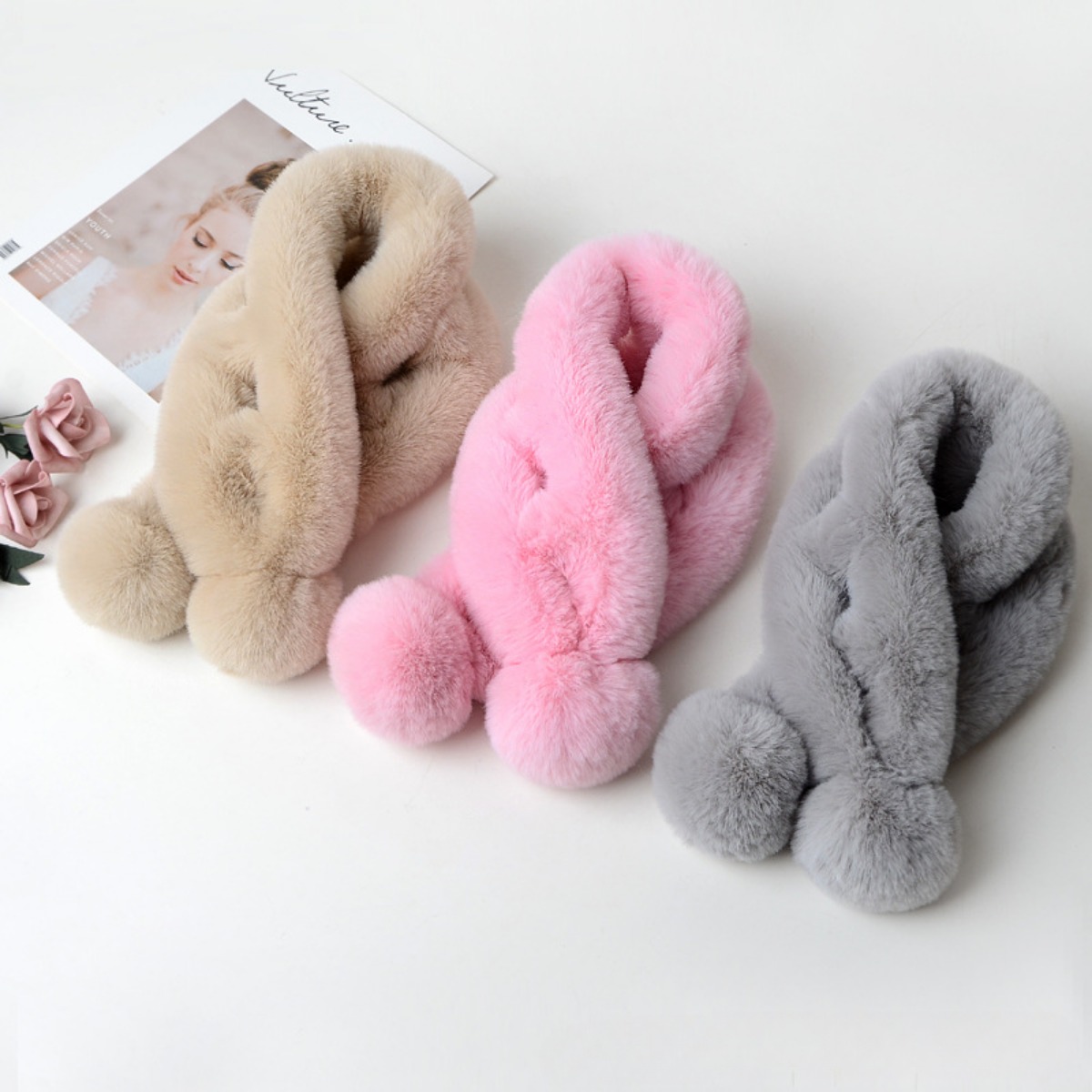 1pc peluche croix écharpe fausse fourrure de lapin épaissi en peluche boule thermique écharpe épaisse hiver femmes cou plus chaud col foulard