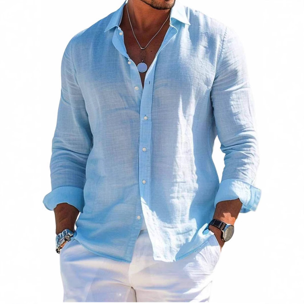 Hommes Blouse chemises été printemps mâle col rabattu à manches longues lin maillots de bain vacances haut Blouse NMD-3033