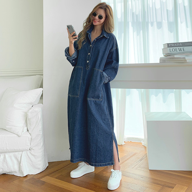 Robe longue en Denim pour femmes, col rabattu, ligne A, Maxi maman, jean, Streetwear, décontracté, ample, Y2k, fête, été 2025
