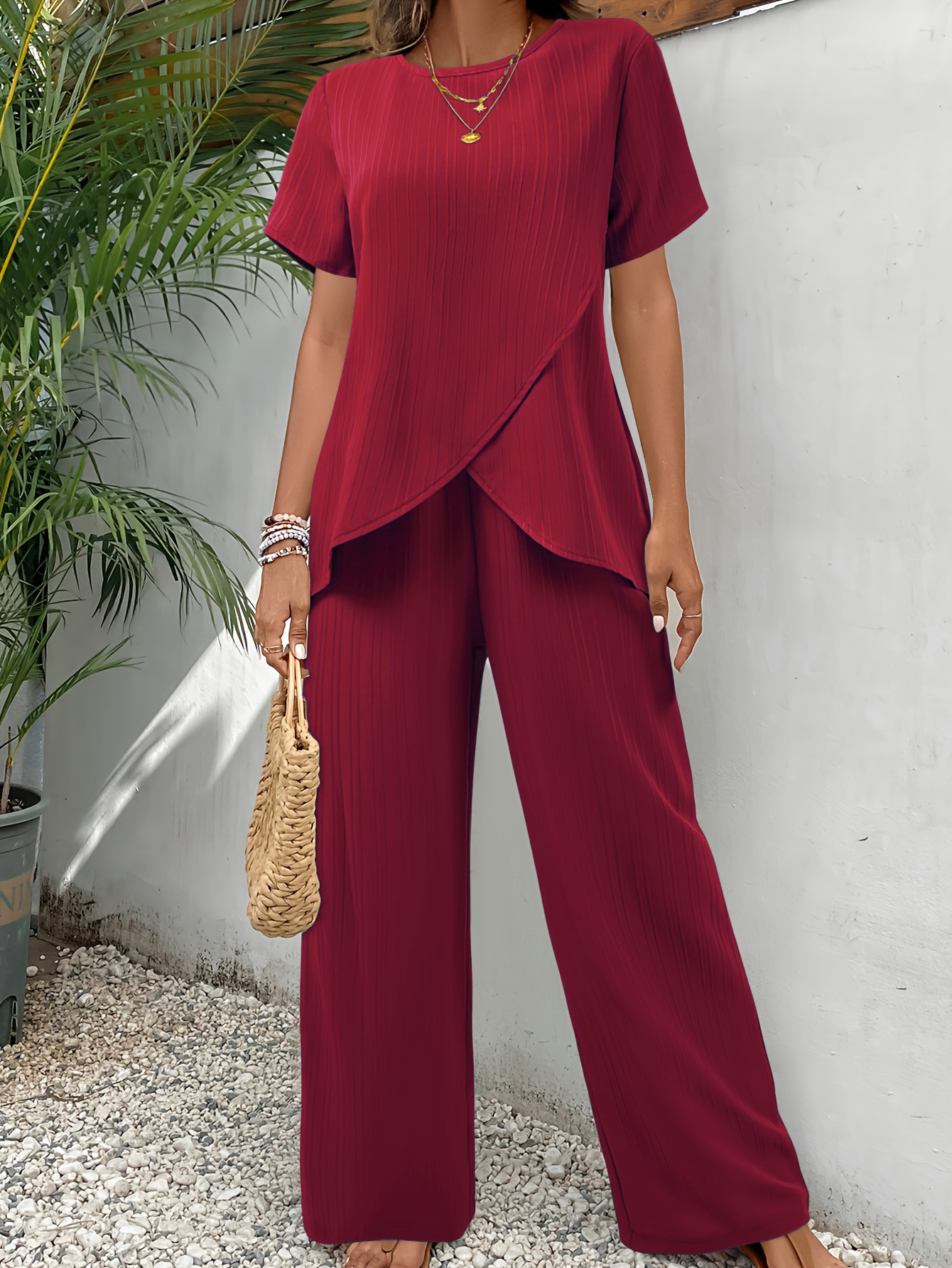 Costume décontracté solide pour femmes, mode, col rond, manches courtes, haut fendu irrégulier, taille élastique, pantalon, ensemble deux pièces, 2025