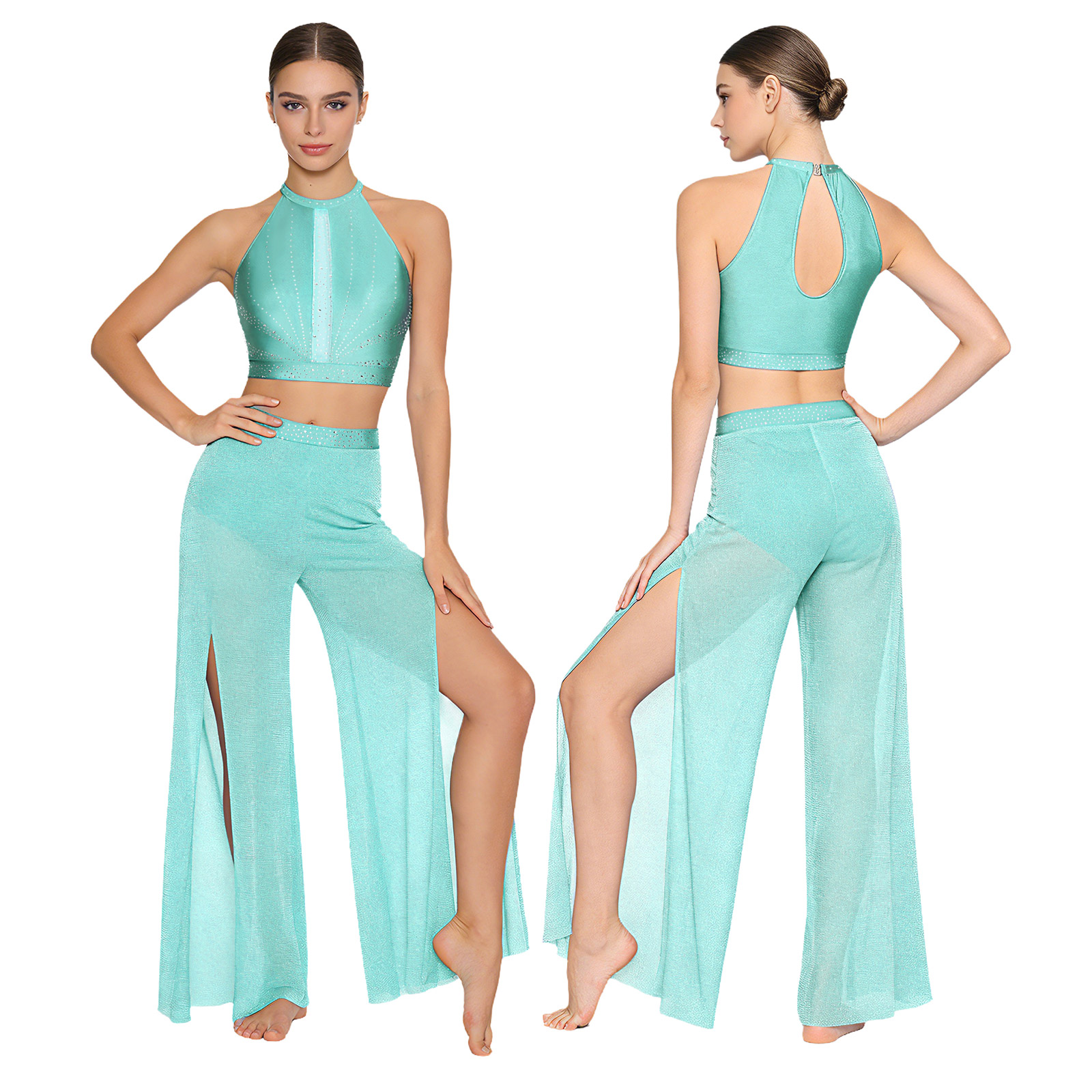 Costume de danse lyrique moderne pour femmes, débardeur court à strass, pantalon en maille fluide, vêtements de patinage, gymnastique et acrobaties