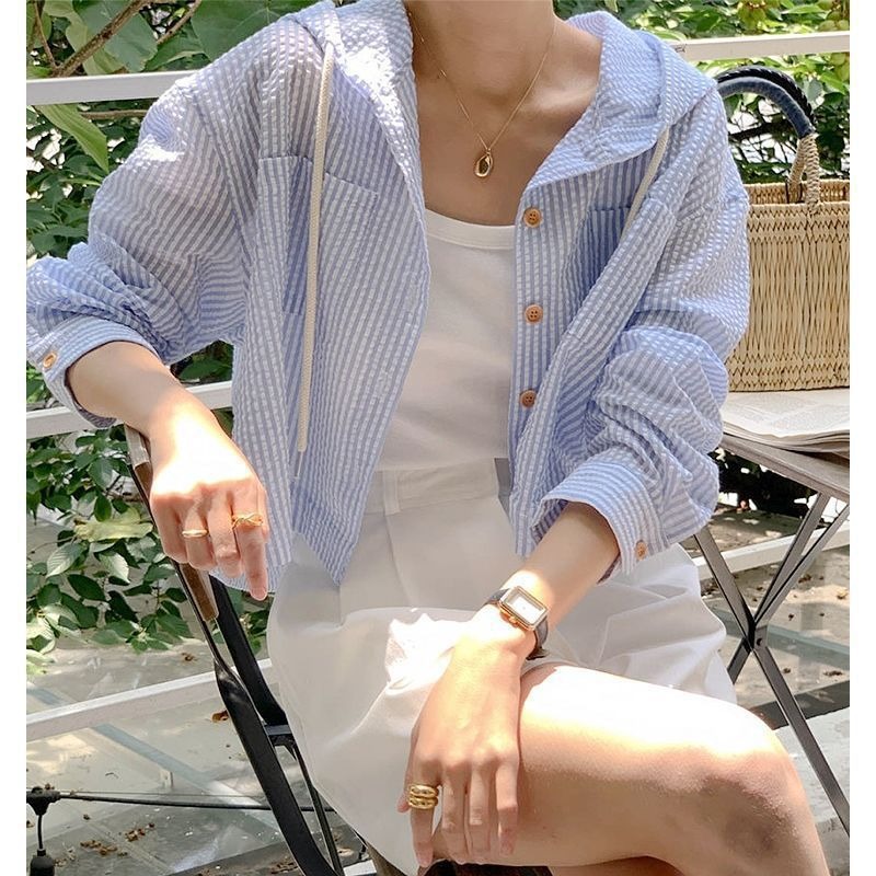 Chemise amincissante d'été pour femmes, pare-soleil ample à rayures courtes, Cardigan ouvert climatisé à capuche, nouveau modèle de Protection thermique