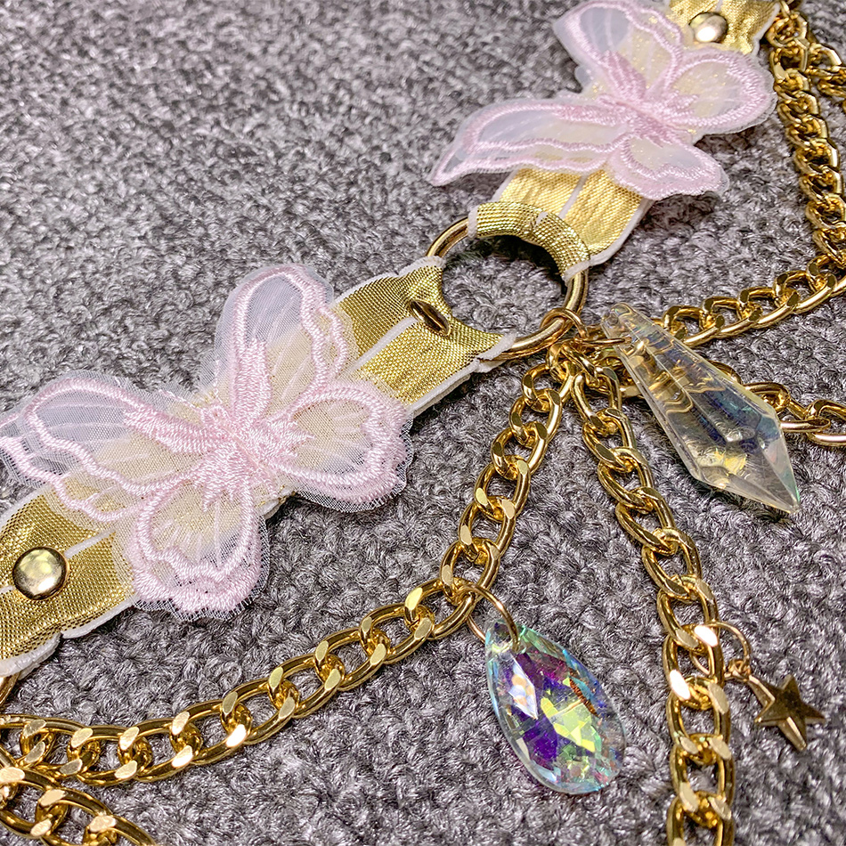 Haut court papillon brodé pour femme, col licou rose, robe dos nu sexy avec tour de cou, pendentif JOCrystal en métal drapé