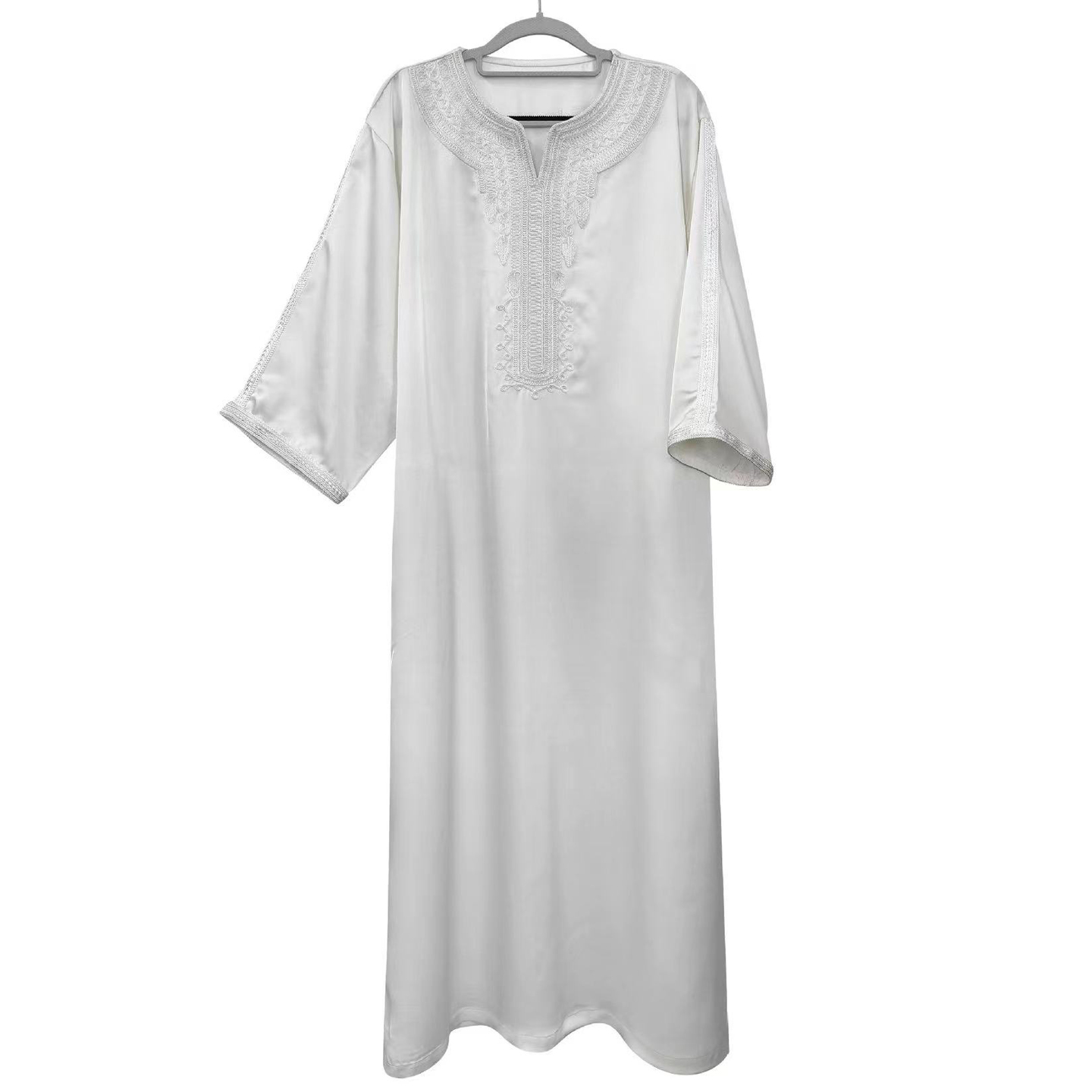 Qamis blanc brodé marocain pour hommes musulmans, abaya islamique ample pour les fêtes, robe longue arabe pour homme