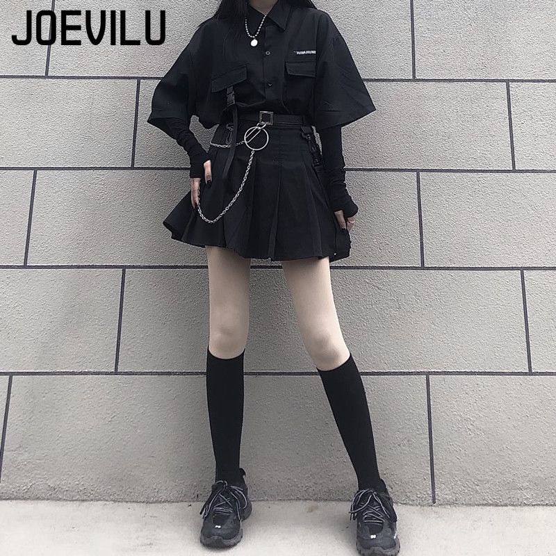 Ensemble jupe gothique pour femmes, chemise ample, Mini jupes plissées, ensemble 2 pièces, tenues décontractées rétro coréennes, costume esthétique Y2k, printemps été