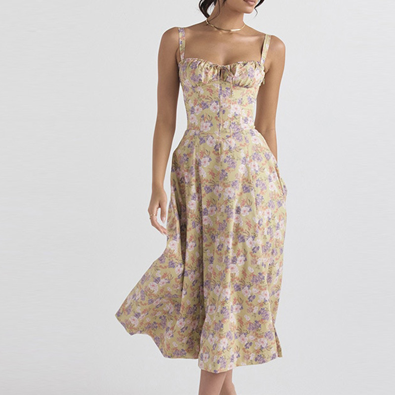 Robe longue à lacets à encolure carrée pour femmes, robe florale, élégante, sexy, éducative, Dama, printemps, été, 2025, Y2K
